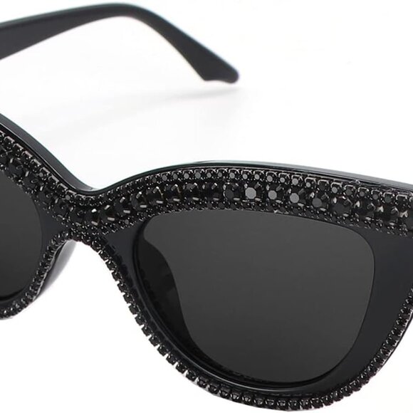 Cat Eye Sunglasses Bling Rhinestones Crystal Black Plastic Frame Eyewear - Picture 5 of 6